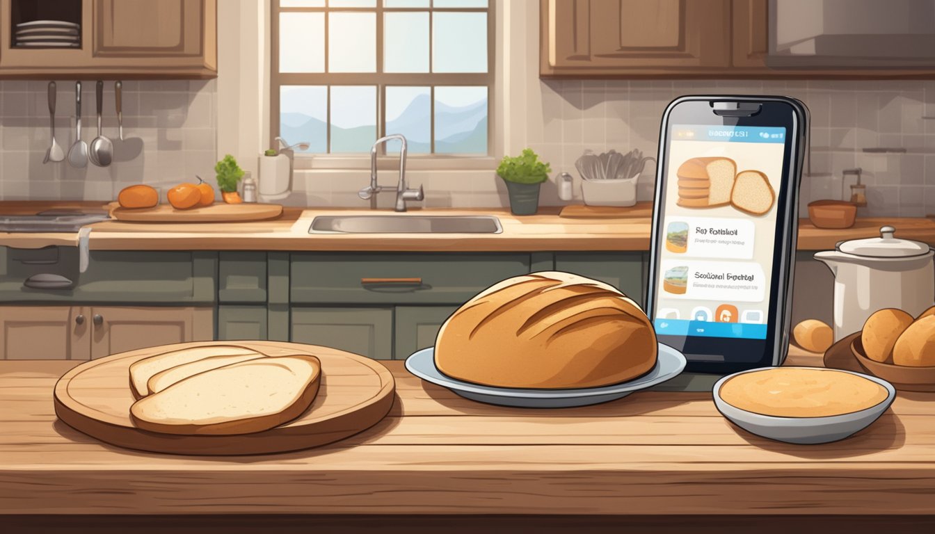 A rustic kitchen with a bubbling sourdough starter on the counter, a wooden cutting board with fresh bread, and a smartphone displaying a social media feed of sourdough recipes and tips