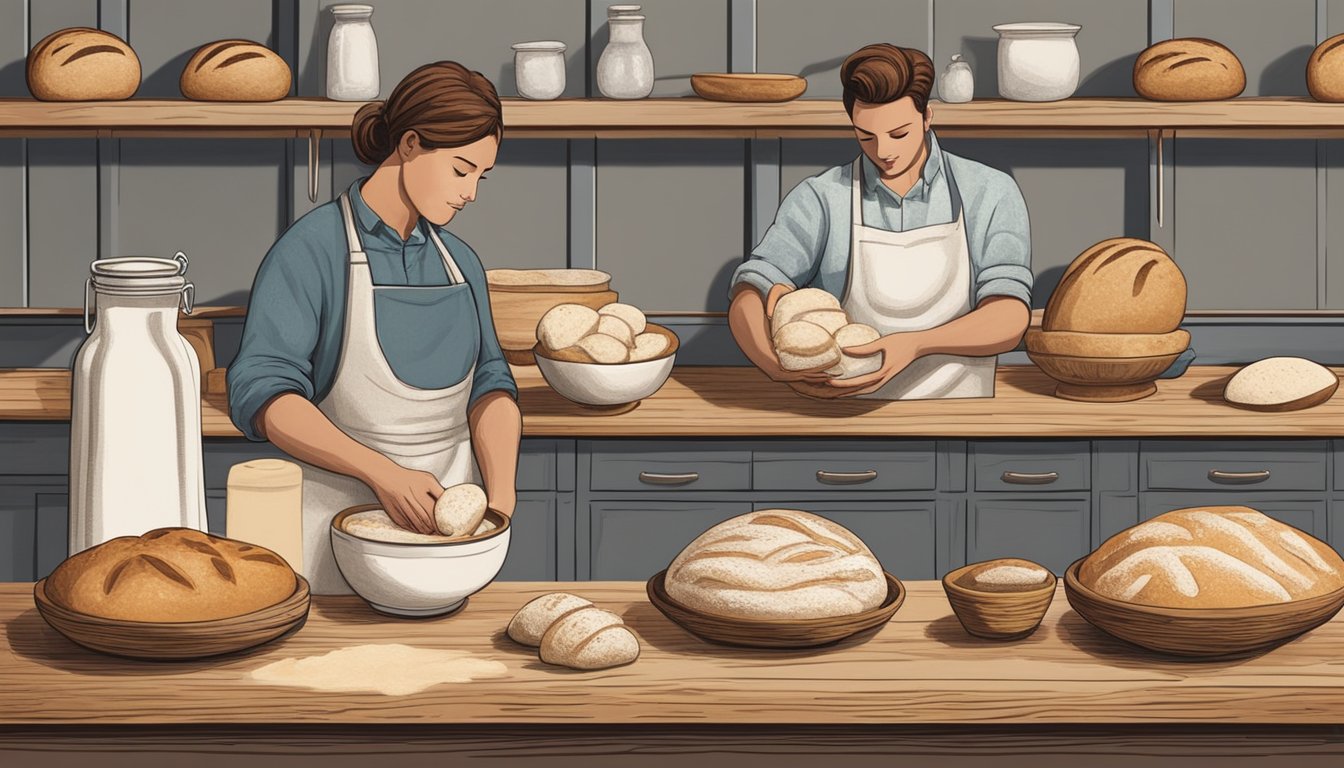 A rustic kitchen counter with various sourdough loaves in different shapes and sizes, alongside bowls of flour and starter, as the baker experiments with different techniques