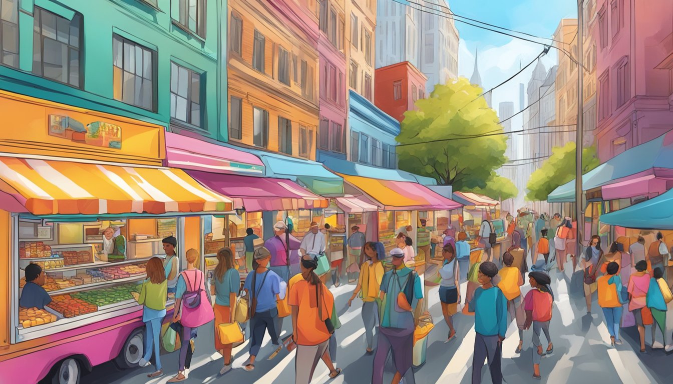 A bustling city street with people rushing to work, grabbing colorful liquid breakfast bars from a vibrant food cart