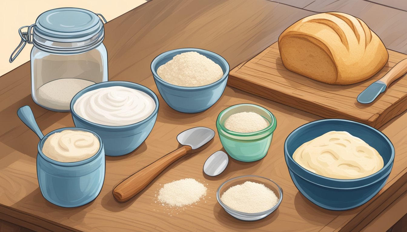 A rustic kitchen table with a wooden cutting board, a bowl of flour, a jar of sourdough starter, and a mixing bowl filled with dough