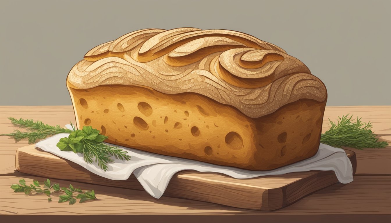 A golden loaf of sourdough enriched bread, adorned with swirls of butter and flecks of herbs, sits on a rustic wooden table