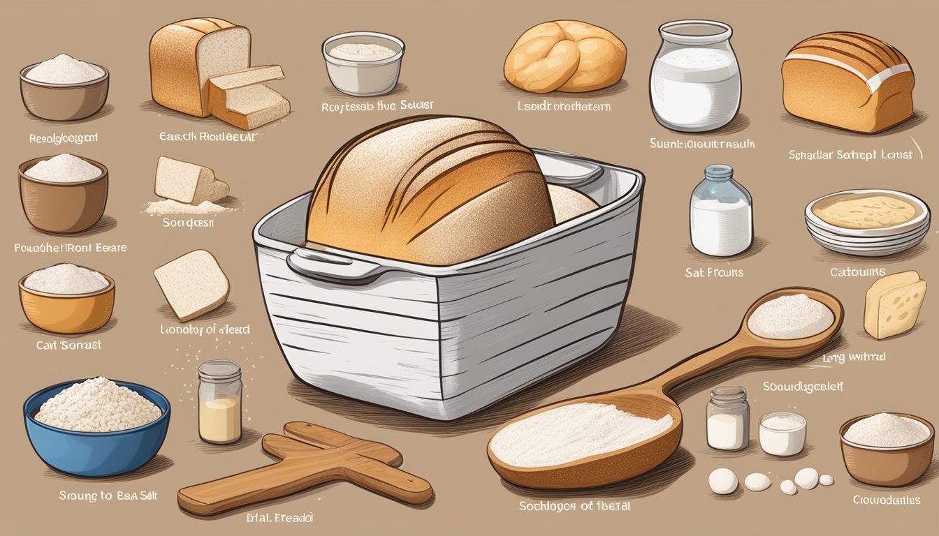 A loaf of sourdough bread surrounded by ingredients like flour, water, salt, and yeast, each labeled with their respective functions