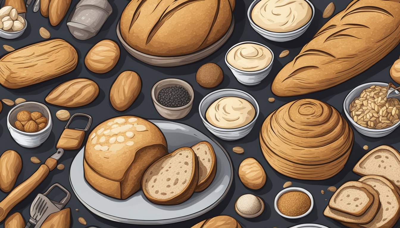 A table filled with various types of sourdough bread loaves, surrounded by baking tools and ingredients