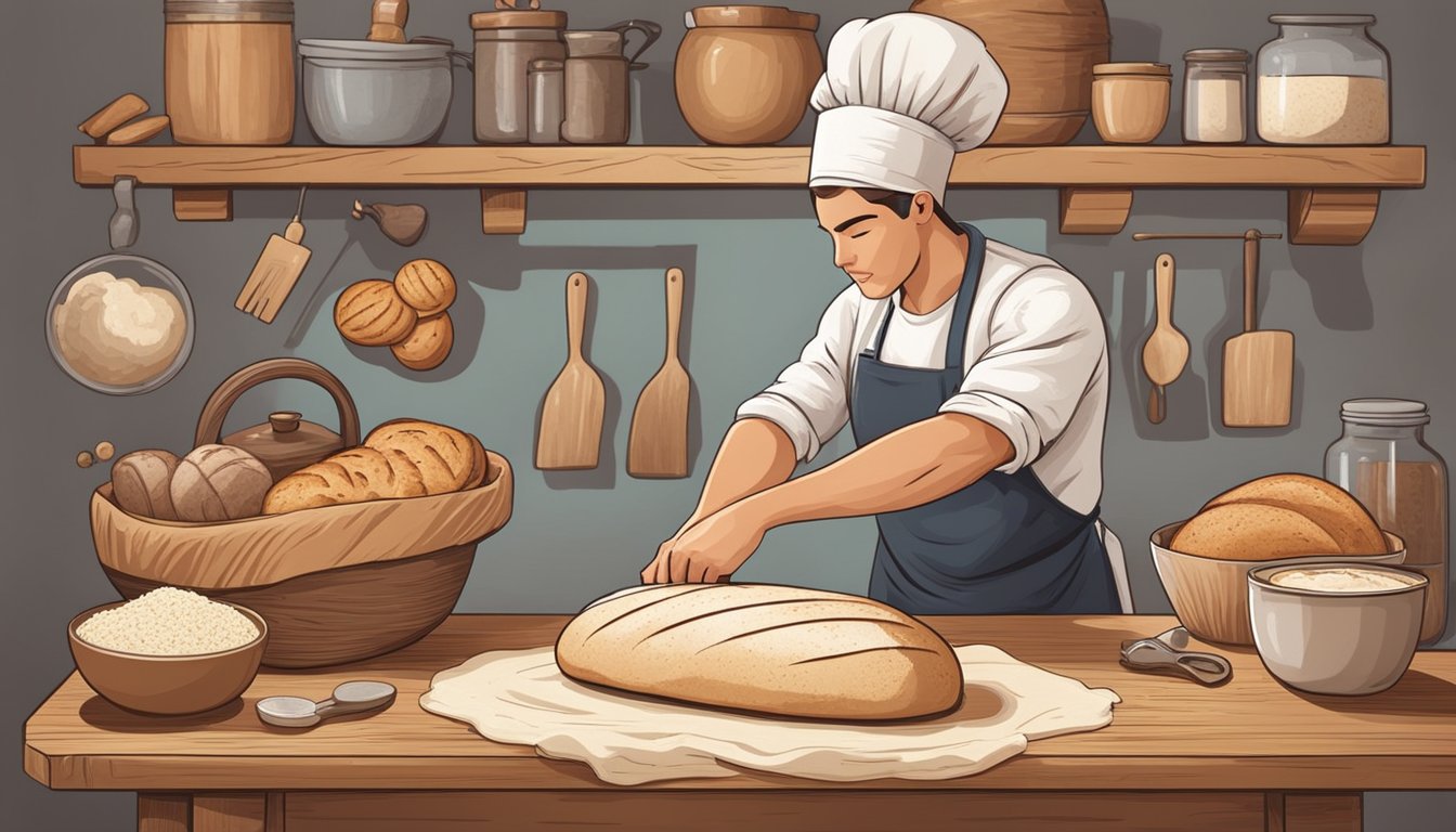 A baker carefully shaping a loaf of sourdough bread, surrounded by various baking tools and ingredients on a wooden countertop