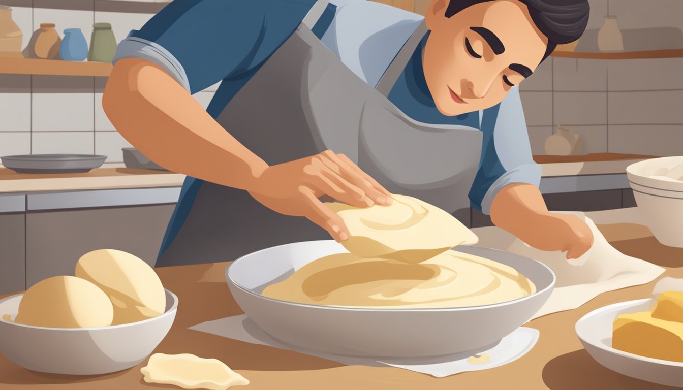 A baker carefully folds enriched dough, adding butter and eggs, as a bowl of sourdough starter sits nearby