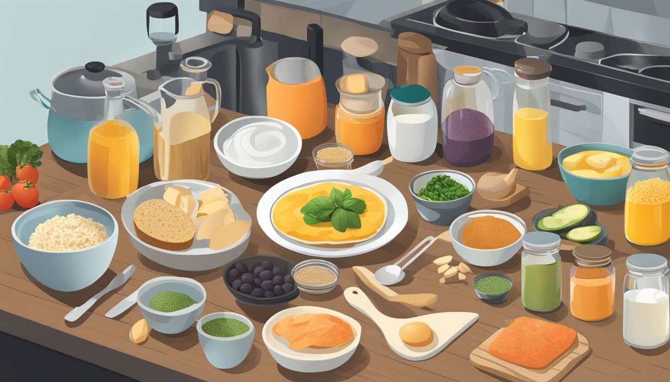 A kitchen counter with a variety of ingredients and cooking utensils laid out, as a person efficiently prepares a week's worth of breakfasts in one hour