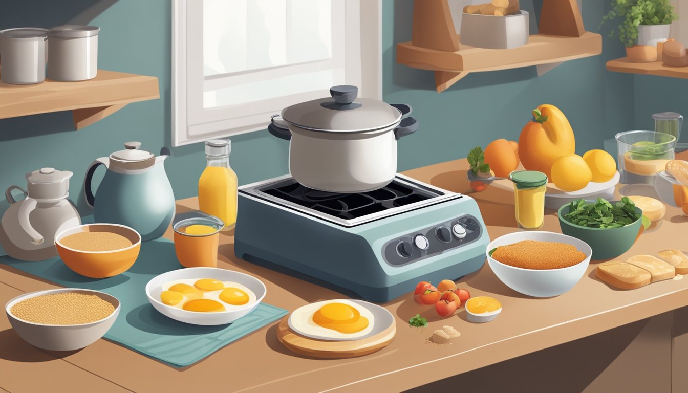 A kitchen counter with various ingredients, pots and pans, a stove, and a timer, showing the process of preparing and storing a week's worth of breakfast in one hour