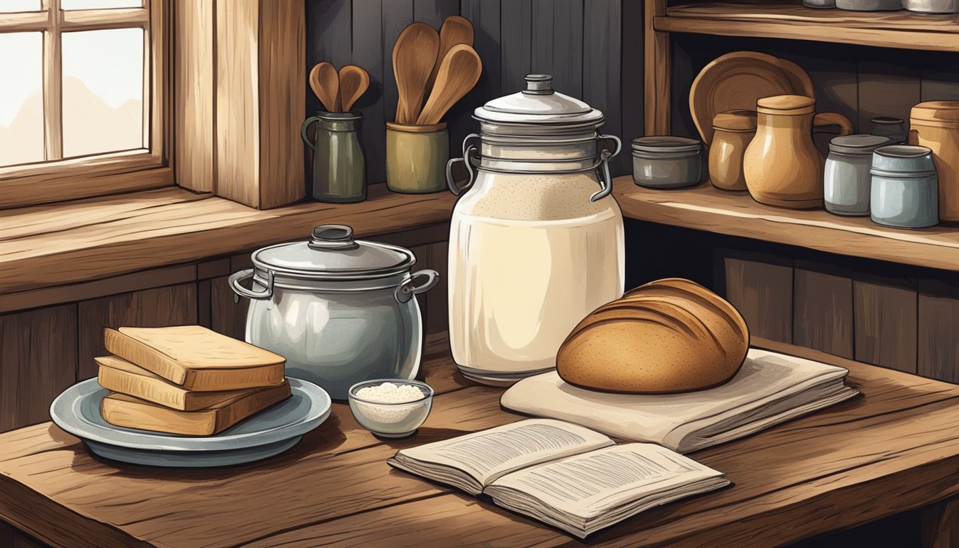 A rustic kitchen with shelves of old cookbooks, a worn wooden table, and a bubbling sourdough starter in a vintage crock