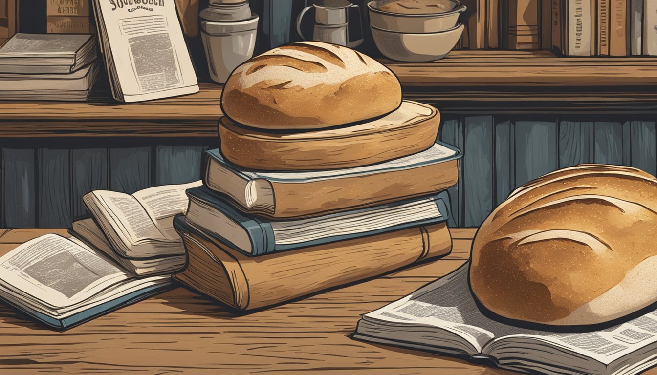 A stack of sourdough loaves sits on a rustic wooden table, surrounded by vintage cookbooks and posters referencing sourdough in literature and pop culture