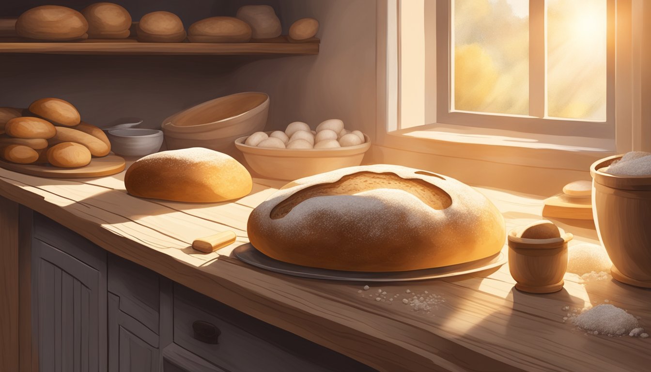 A rustic kitchen filled with rolling pins, flour, and sourdough loaves rising by a warm oven. Sunlight streams through the window onto a wooden table set for a sourdough baking retreat