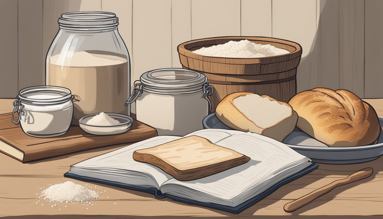 A rustic kitchen with a wooden table covered in flour, a jar of bubbling sourdough starter, and a stack of well-loved cookbooks open to pages about sourdough bread