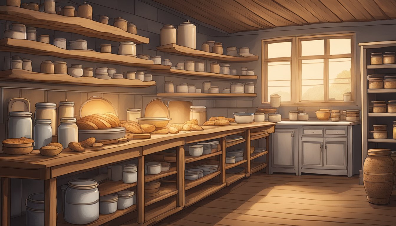 A rustic kitchen filled with the warm glow of ovens, flour-dusted workstations, and shelves lined with jars of bubbling sourdough starter