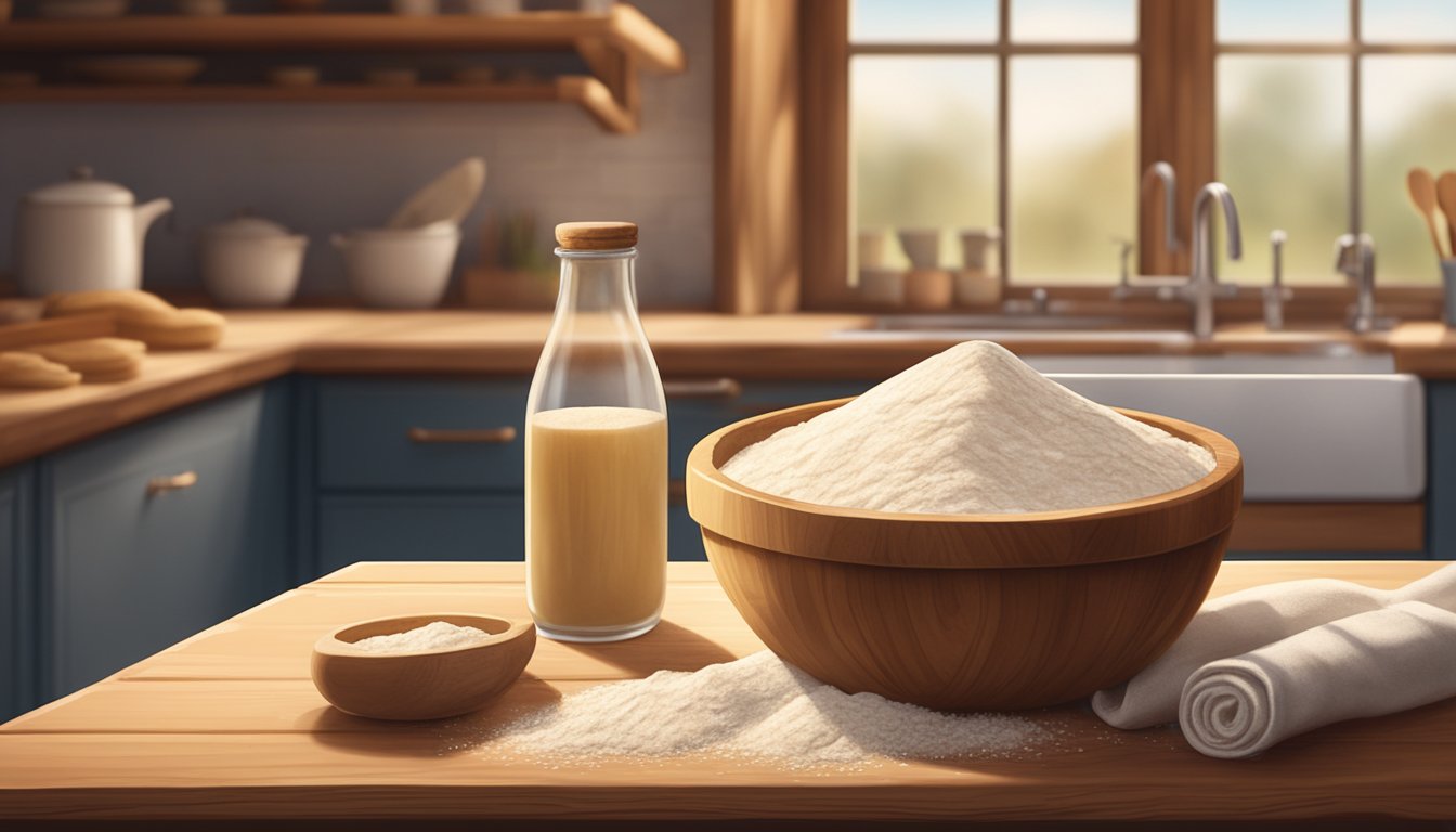 A rustic kitchen counter with a wooden bowl of bubbling sourdough starter, a sack of flour, and a rolling pin. A warm, cozy atmosphere with natural light streaming in through a window