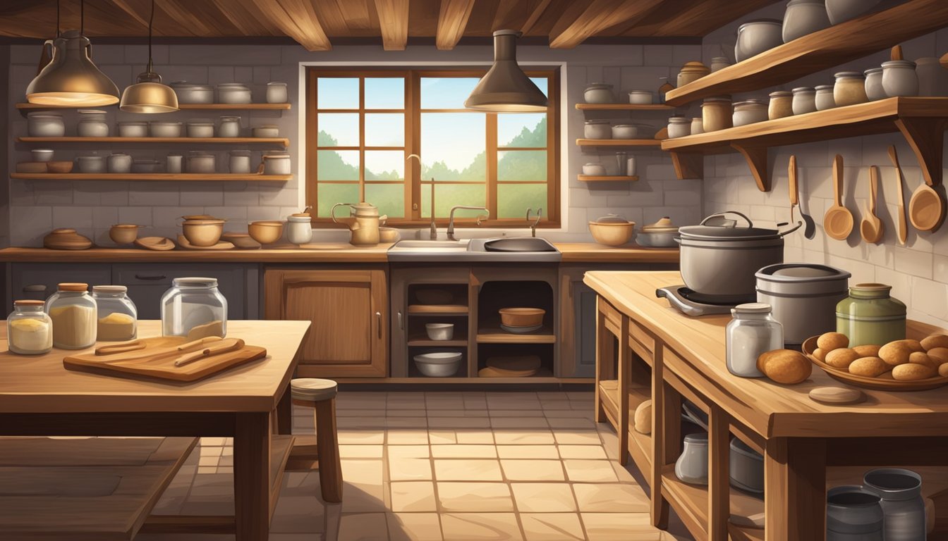 A rustic kitchen with a wood-fired oven, shelves of flour and jars of starter, a large wooden table covered in dough and baking tools