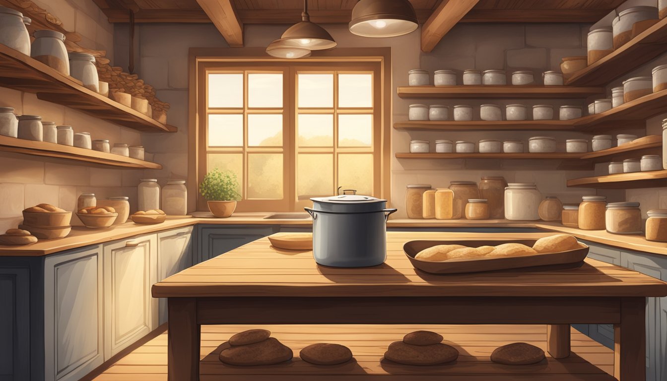 A rustic kitchen filled with the warm glow of an oven, a wooden table covered in flour, and shelves lined with jars of sourdough starter