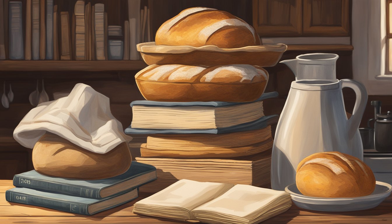 A stack of sourdough loaves sits on a rustic wooden table, surrounded by vintage cookbooks and a worn apron. A warm, inviting glow emanates from the kitchen, evoking a sense of nostalgia and comfort