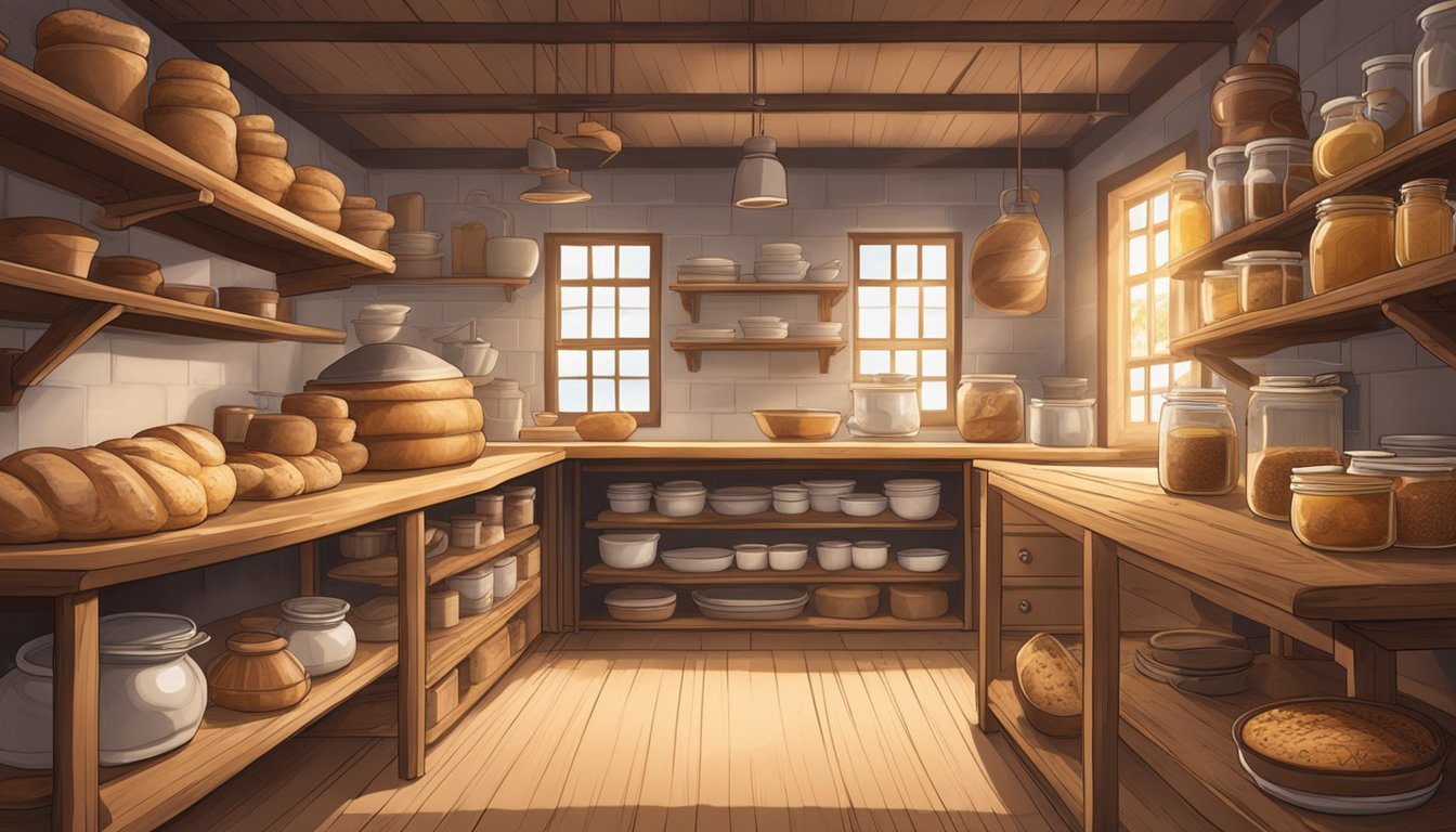 A rustic kitchen filled with shelves of fermenting sourdough starters, wooden workbenches, and a warm oven emitting the comforting aroma of freshly baked bread