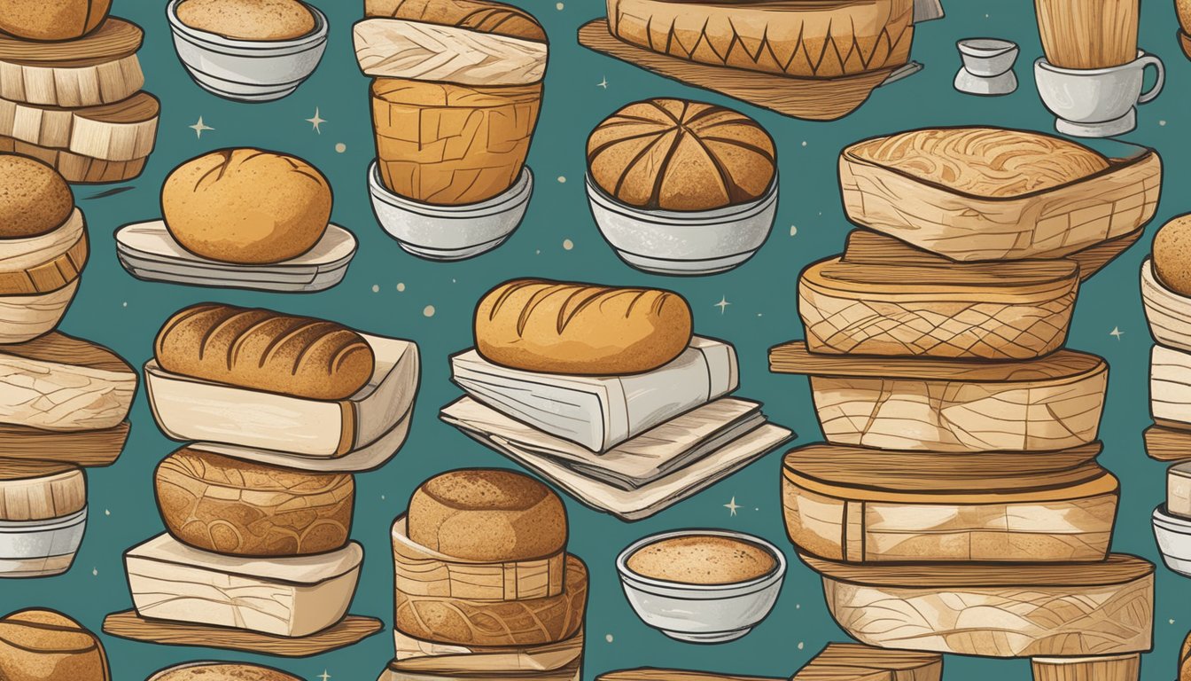 A stack of sourdough loaves from around the world, each with unique shapes, textures, and scoring patterns, set against a backdrop of literary and pop culture references