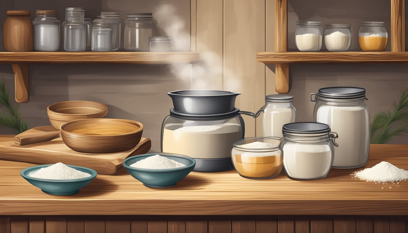 A rustic kitchen with bowls of flour, jars of starter, and a wooden table set for baking