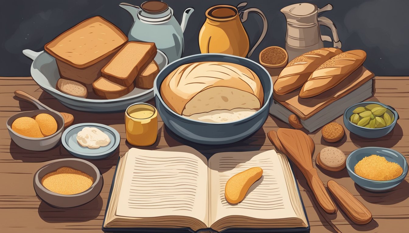 An open book surrounded by ingredients and kitchen tools, with a loaf of sourdough bread in the center, evoking a cozy and inviting atmosphere