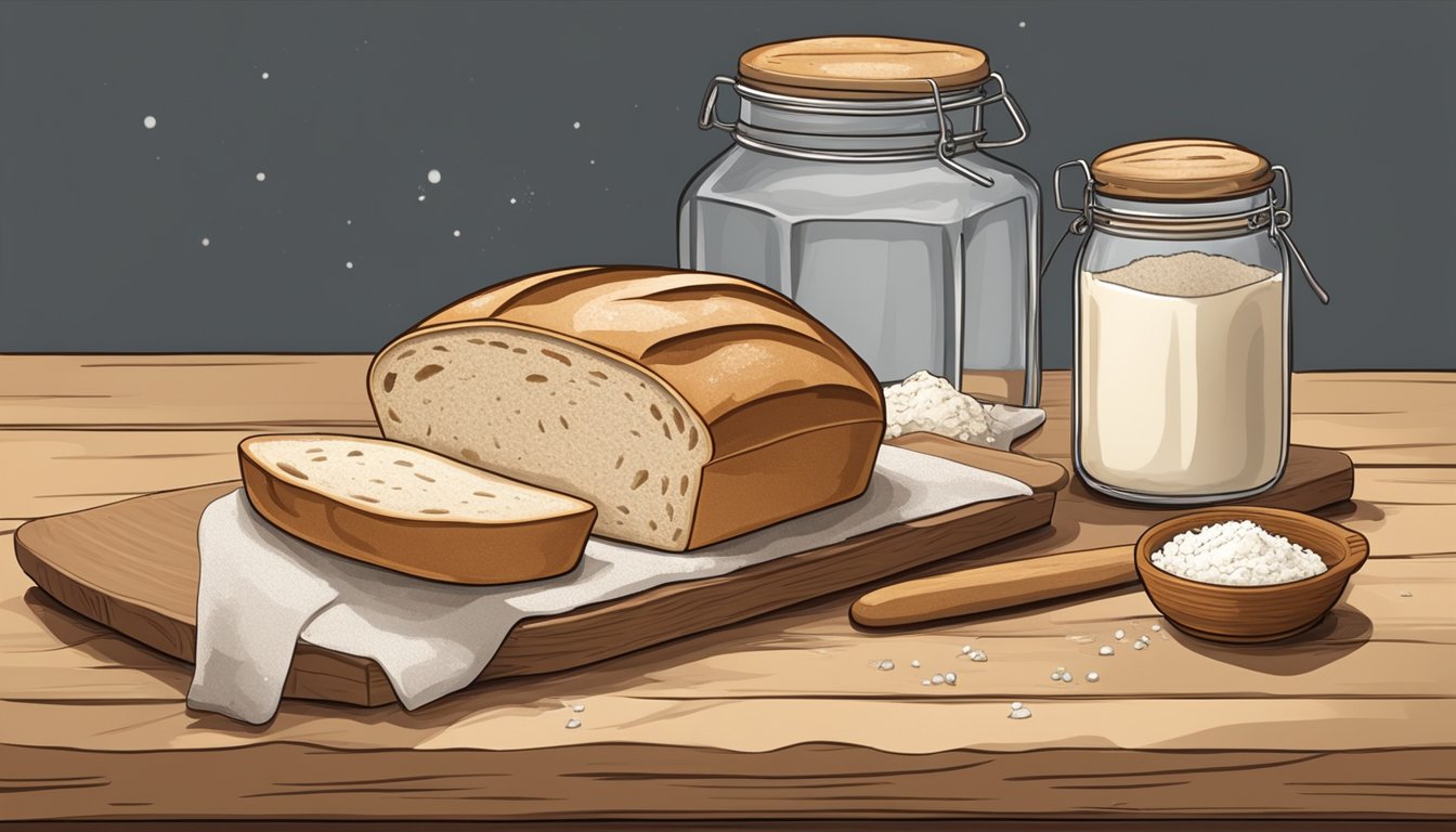 A rustic kitchen table with a freshly baked loaf of sourdough bread, surrounded by scattered flour, a rolling pin, and a jar of sourdough starter