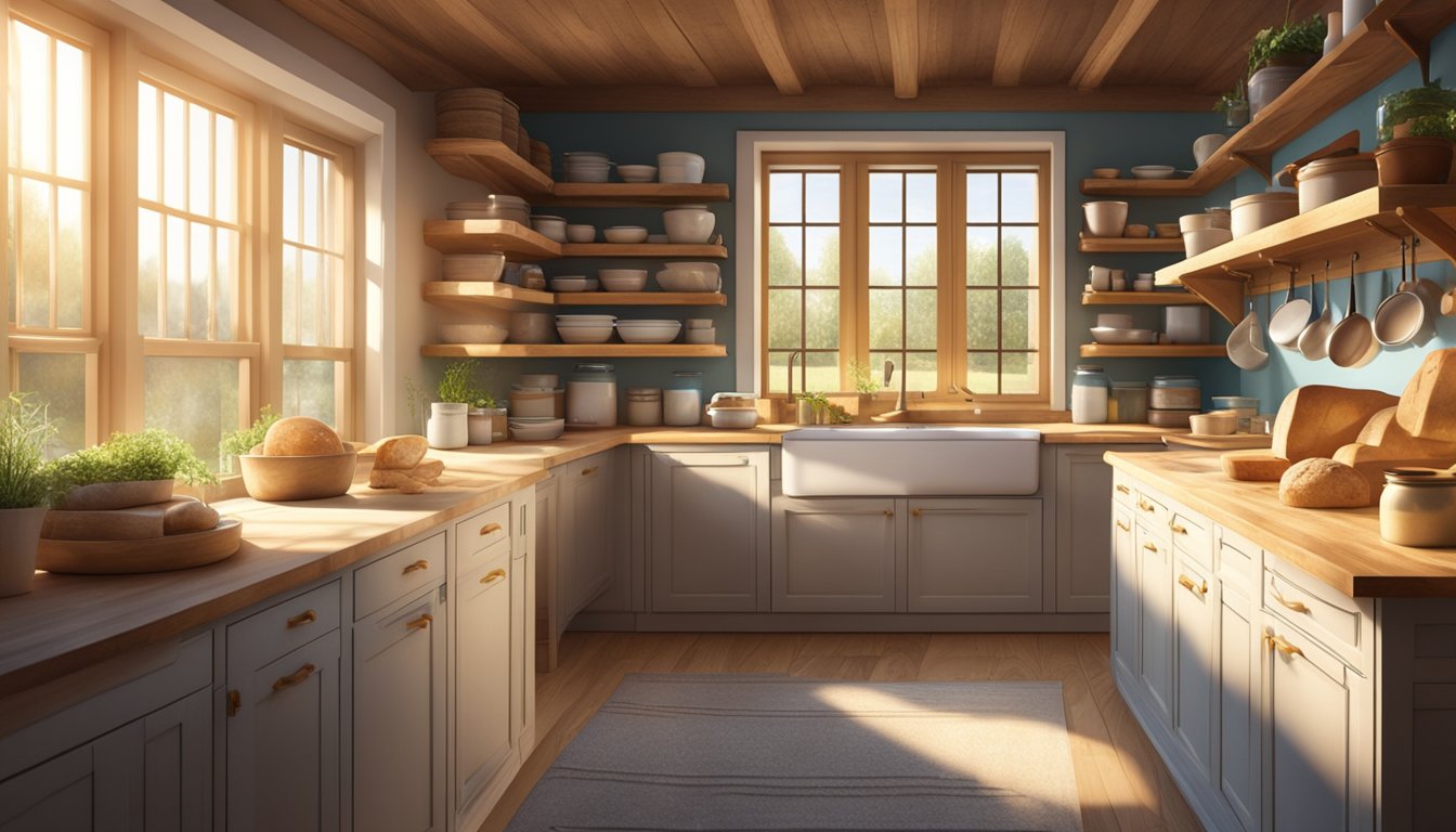 A rustic kitchen filled with flour-dusted workstations, wooden bread boards, and shelves stocked with jars of sourdough starter and baking ingredients. Sunlight streams in through large windows, casting a warm glow over the space