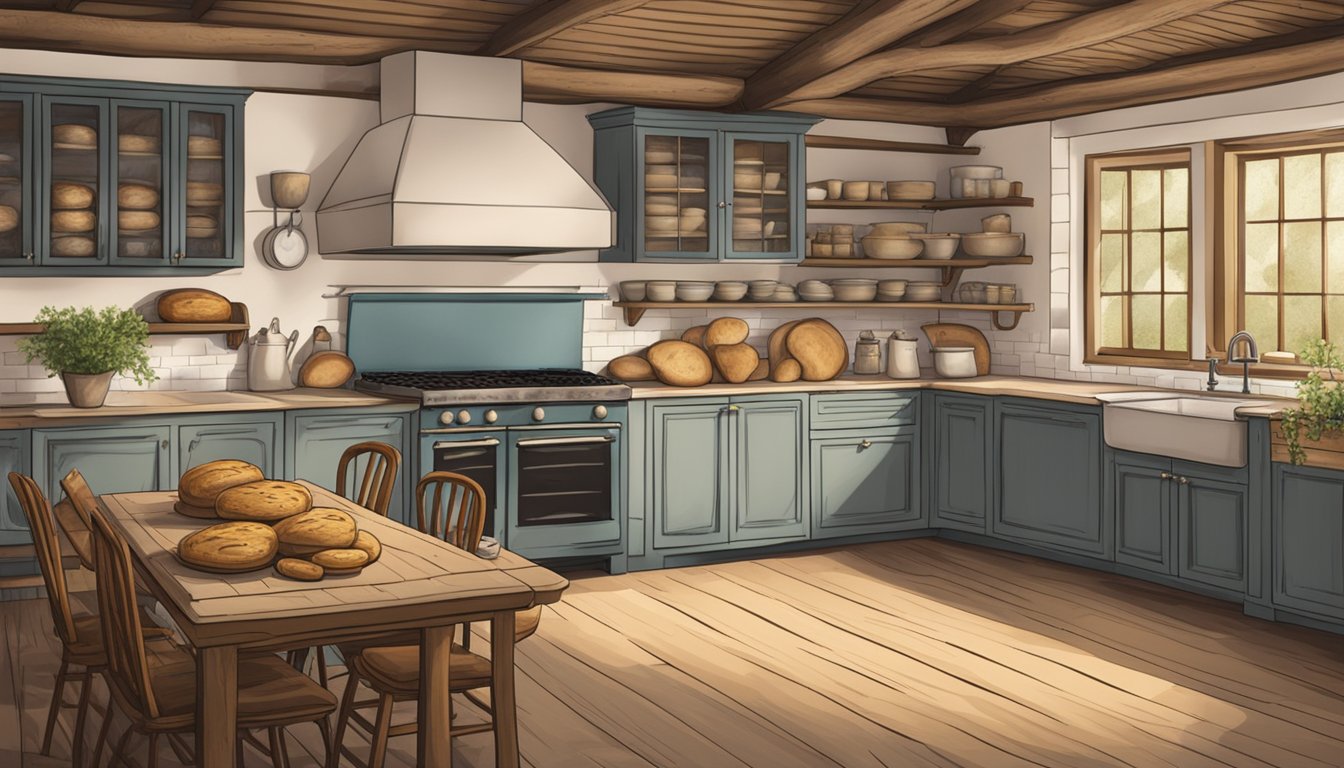 A rustic kitchen with a warm oven, shelves of sourdough loaves, and a table set for a retreat's closing remarks