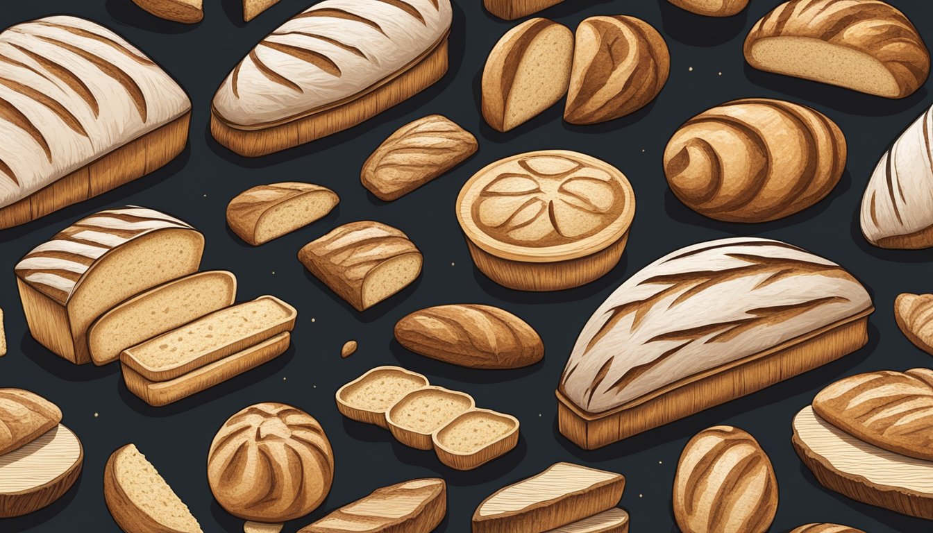 A rustic wooden table displays an array of sourdough bread loaves in different shapes and sizes, each with a unique scoring pattern on its crust