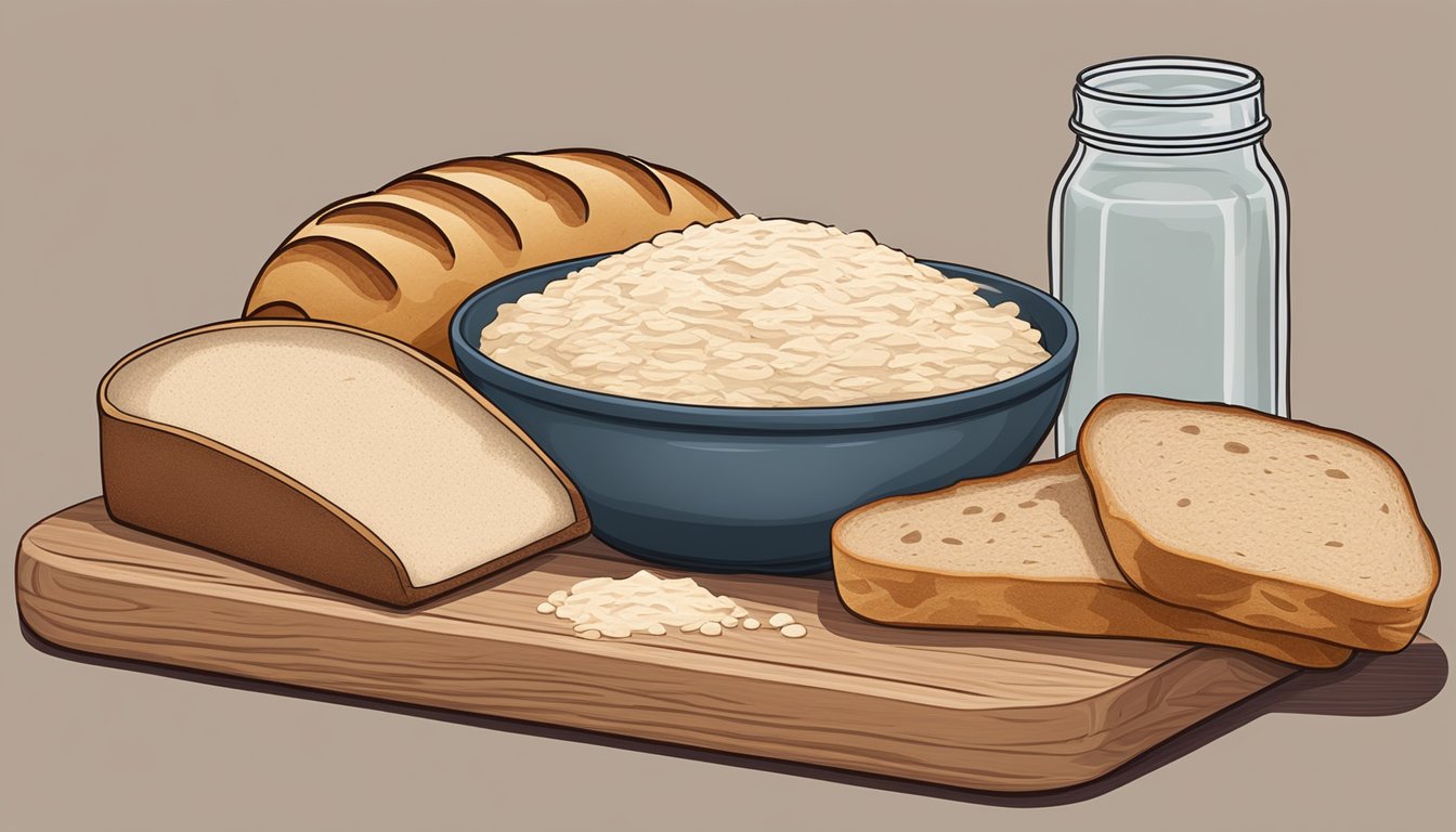 A wooden cutting board with a loaf of gluten free sourdough, a jar of sourdough starter, and a bowl of alternative gluten free flours