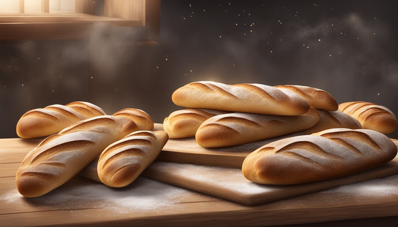 Freshly baked sourdough baguettes cooling on a wire rack, surrounded by a scattering of flour and a rustic wooden cutting board