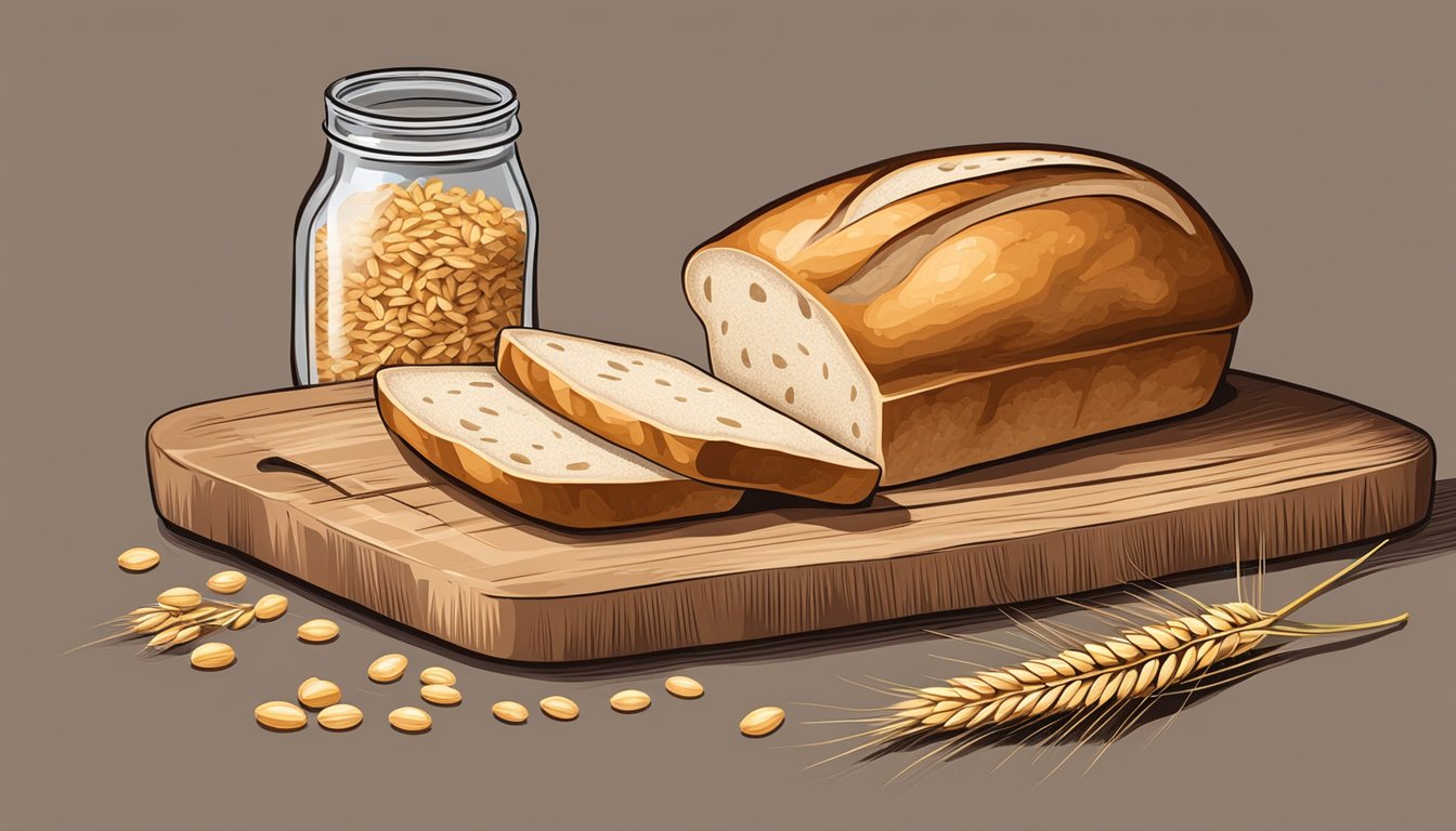 A rustic wooden table with a freshly baked loaf of sourdough bread, a jar of starter, and scattered flour and wheat grains