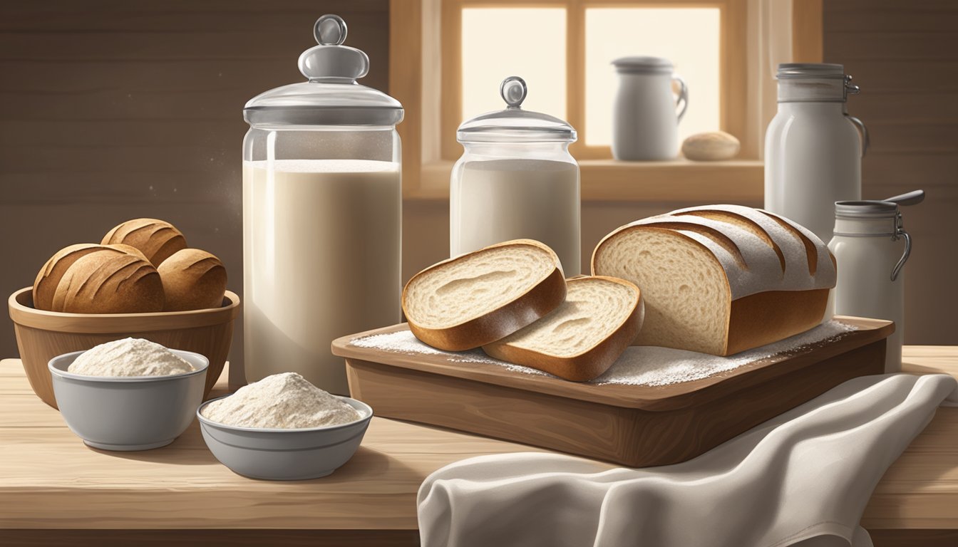 A rustic kitchen with flour-dusted wooden table, mixing bowl, sourdough starter, and artisan bread loaves rising on a cloth-covered tray