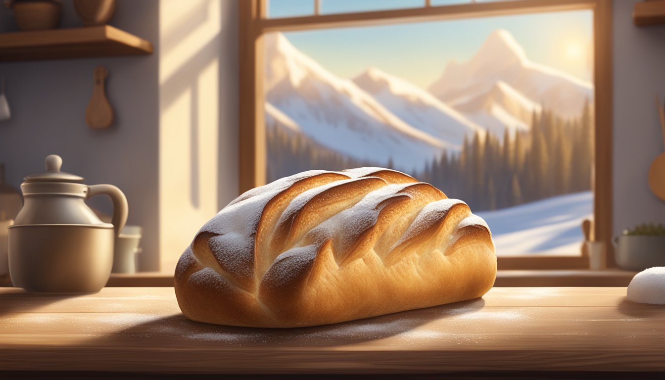 A rustic sourdough loaf rising on a wooden board in a warm, sunlit kitchen, with a window revealing a snowy landscape outside