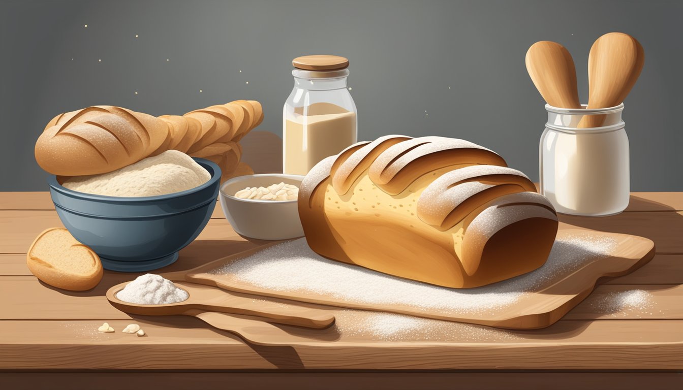 A rustic wooden table with a freshly baked loaf of sourdough bread, surrounded by scattered flour, a rolling pin, and a bowl of starter dough