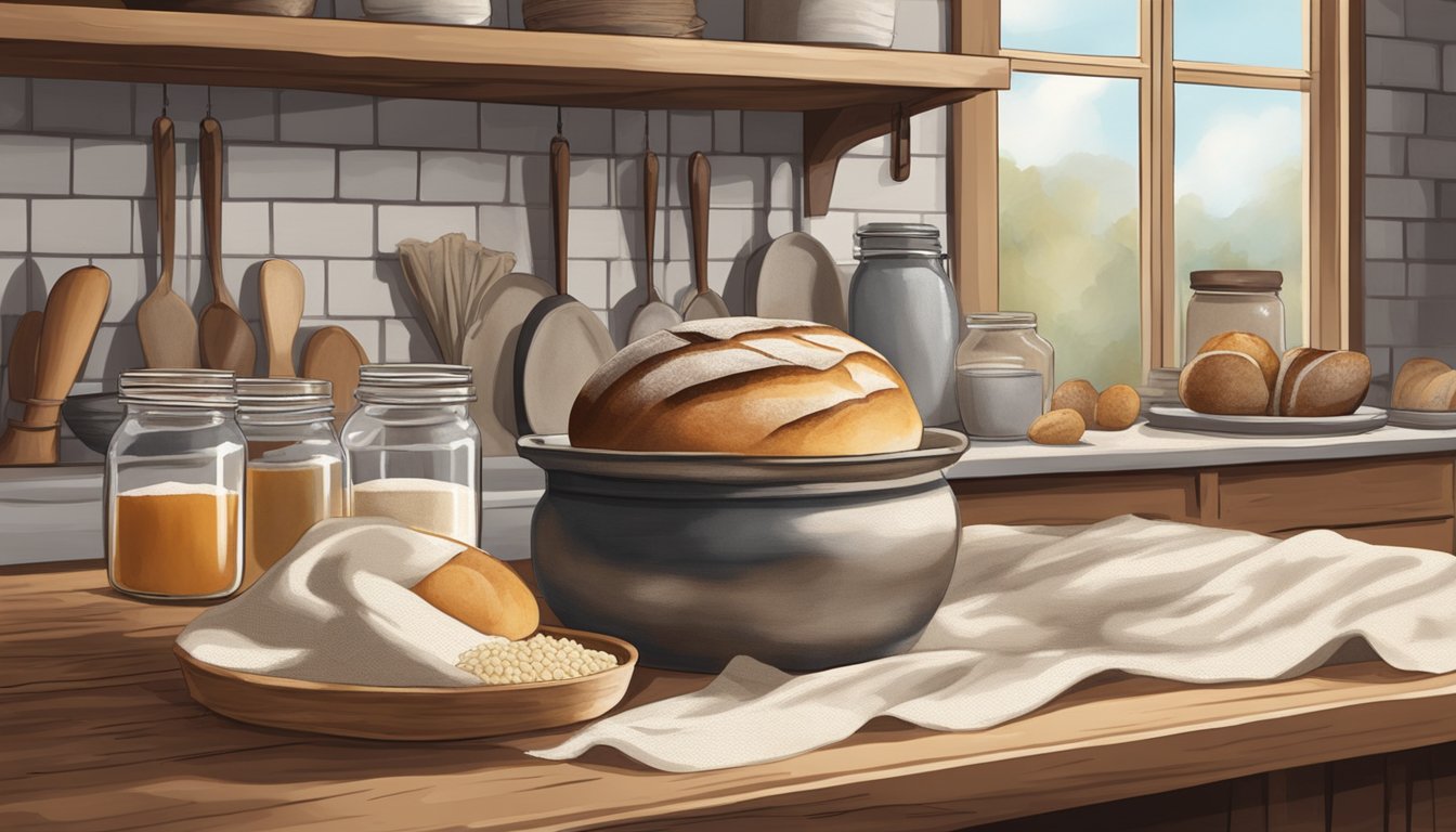 A rustic kitchen counter with a freshly baked sourdough loaf cooling on a wire rack, surrounded by jars of flour and a linen cloth