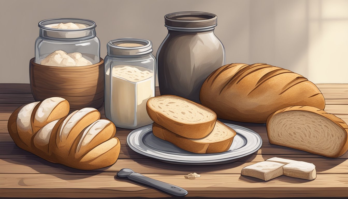 A rustic wooden table with various loaves of sourdough bread, a jar of sourdough starter, and baking tools scattered around