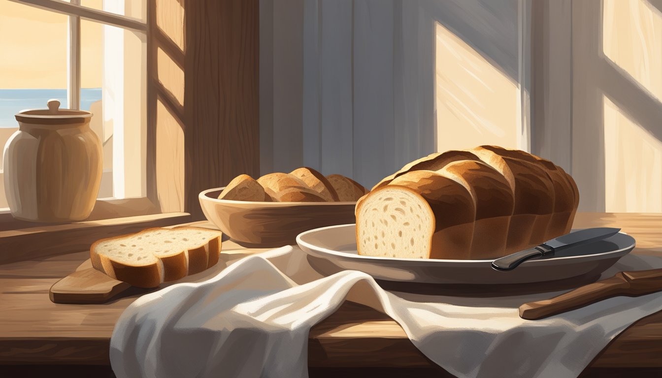 A rustic wooden table with a freshly baked loaf of sourdough bread, a serrated knife, and a linen napkin. Sunlight streaming in from a nearby window highlights the texture of the bread