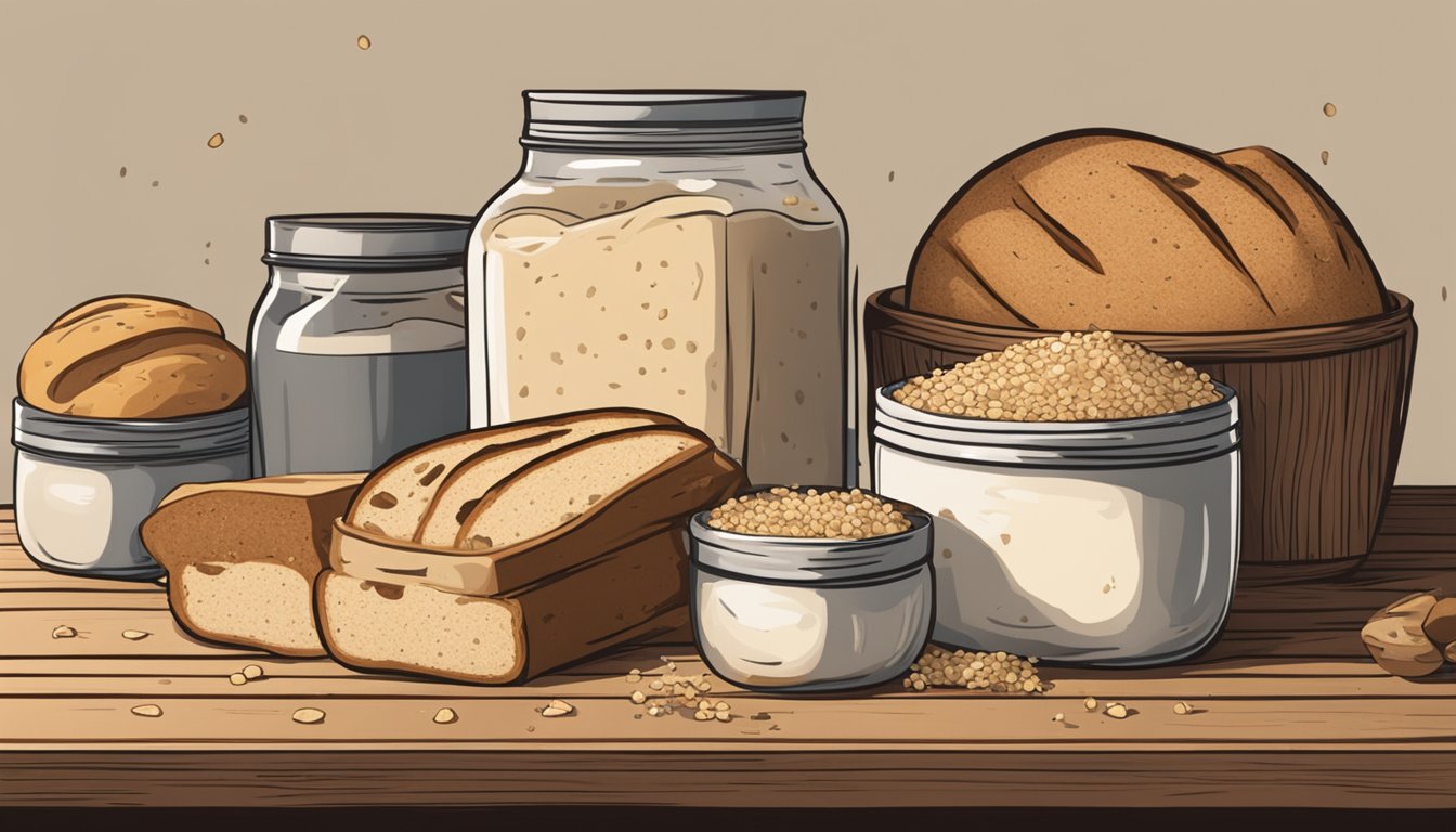 A rustic wooden table with a variety of sourdough bread loaves, slices, and crumbs scattered around. A jar of sourdough starter sits in the background