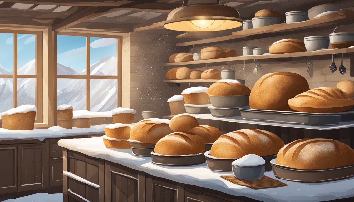 A rustic kitchen with various sourdough loaves cooling on racks, surrounded by different climate elements like snow, rain, and sunshine