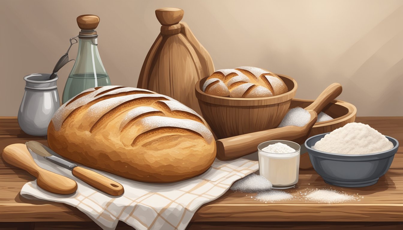 A rustic wooden table with a freshly baked sourdough loaf, surrounded by flour, a baker's cloth, and various baking tools