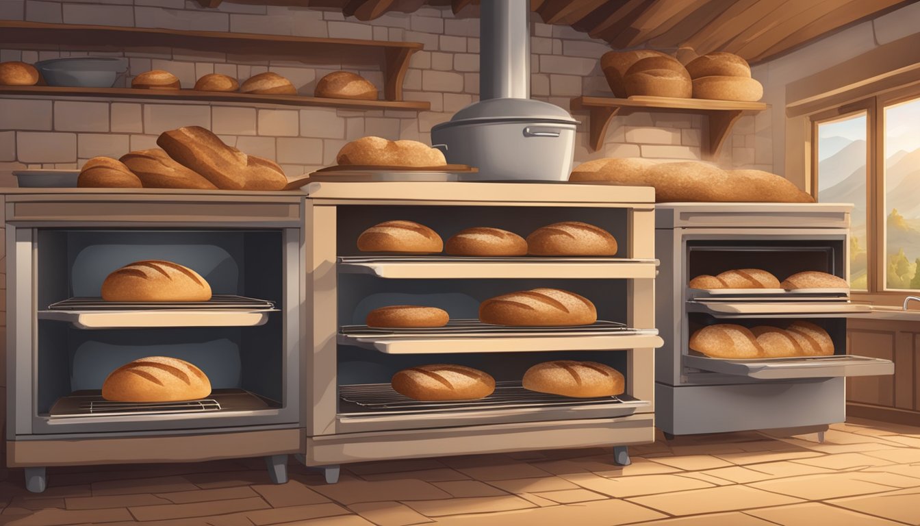 A rustic kitchen with various sourdough loaves rising and baking in different ovens, set against different climate backdrops