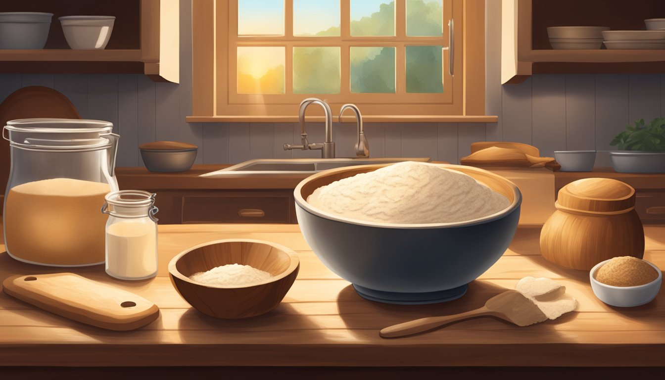 A serene kitchen scene with a wooden table, a bowl of sourdough starter, flour, and a rolling pin. The warm glow of the oven adds to the peaceful ambiance