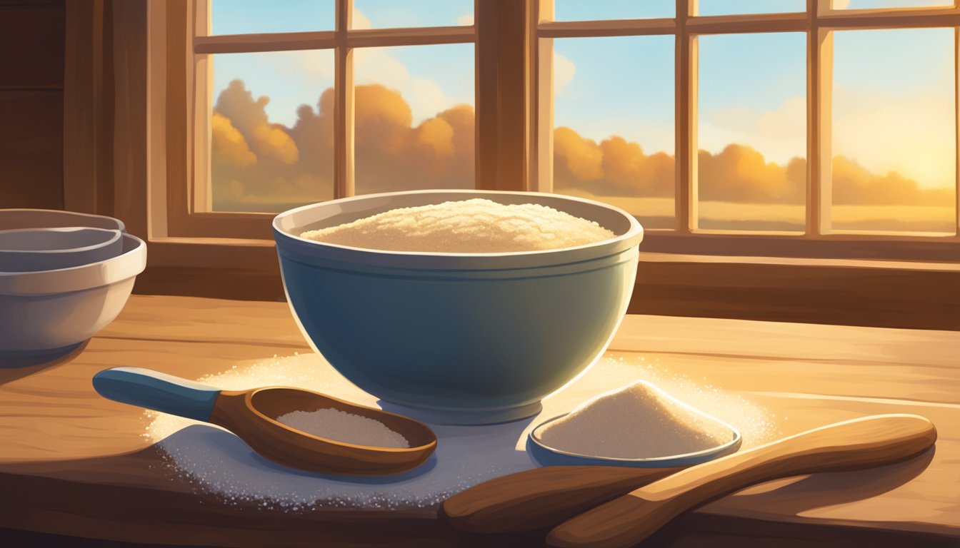 A rustic kitchen table with a bowl of sourdough starter, flour, and a wooden spoon. A warm, golden glow from the window illuminates the scene