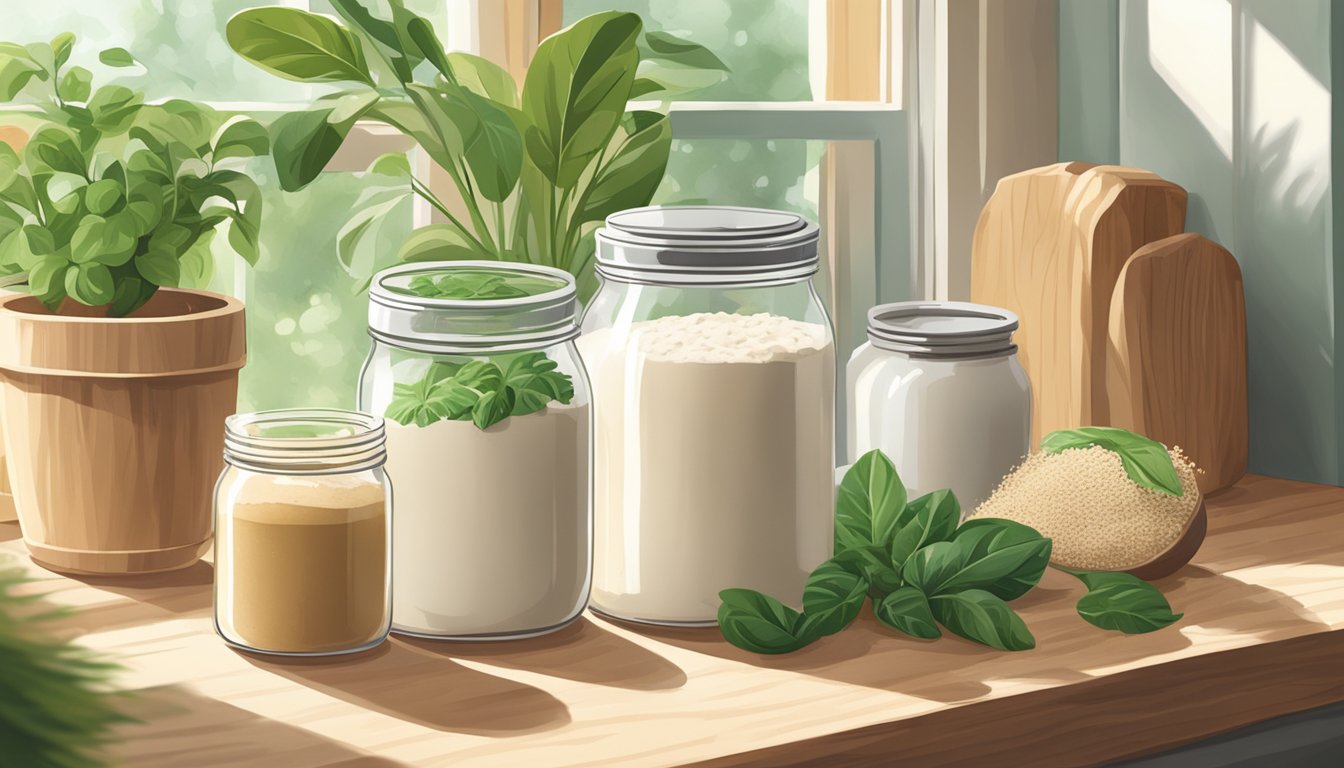 A wooden kitchen counter with a sourdough starter jar, flour, and a mixing bowl surrounded by green plants and natural light