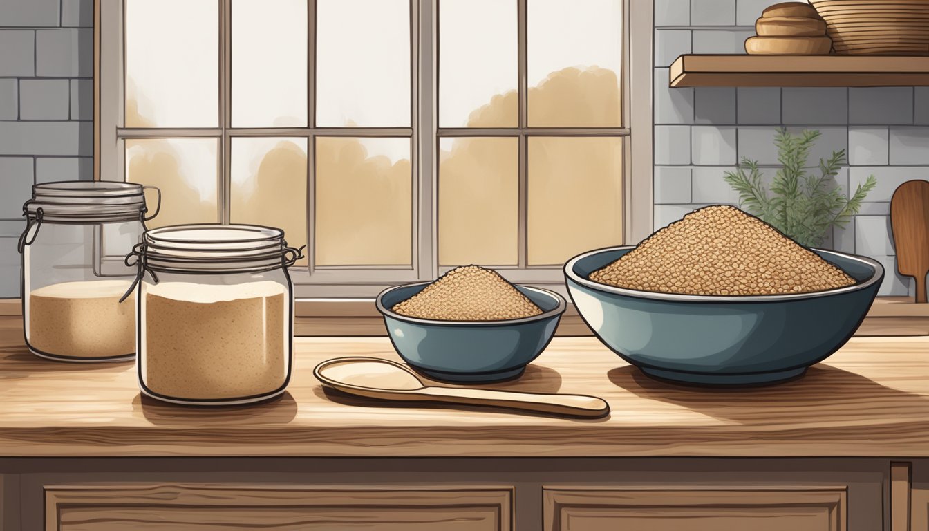 A rustic kitchen counter with bowls of ancient grains, a jar of sourdough starter, and a wooden spoon. A loaf of freshly baked sourdough sits cooling on a wire rack