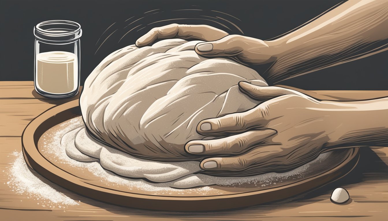 A pair of hands kneading and developing sourdough rye bread dough on a floured surface