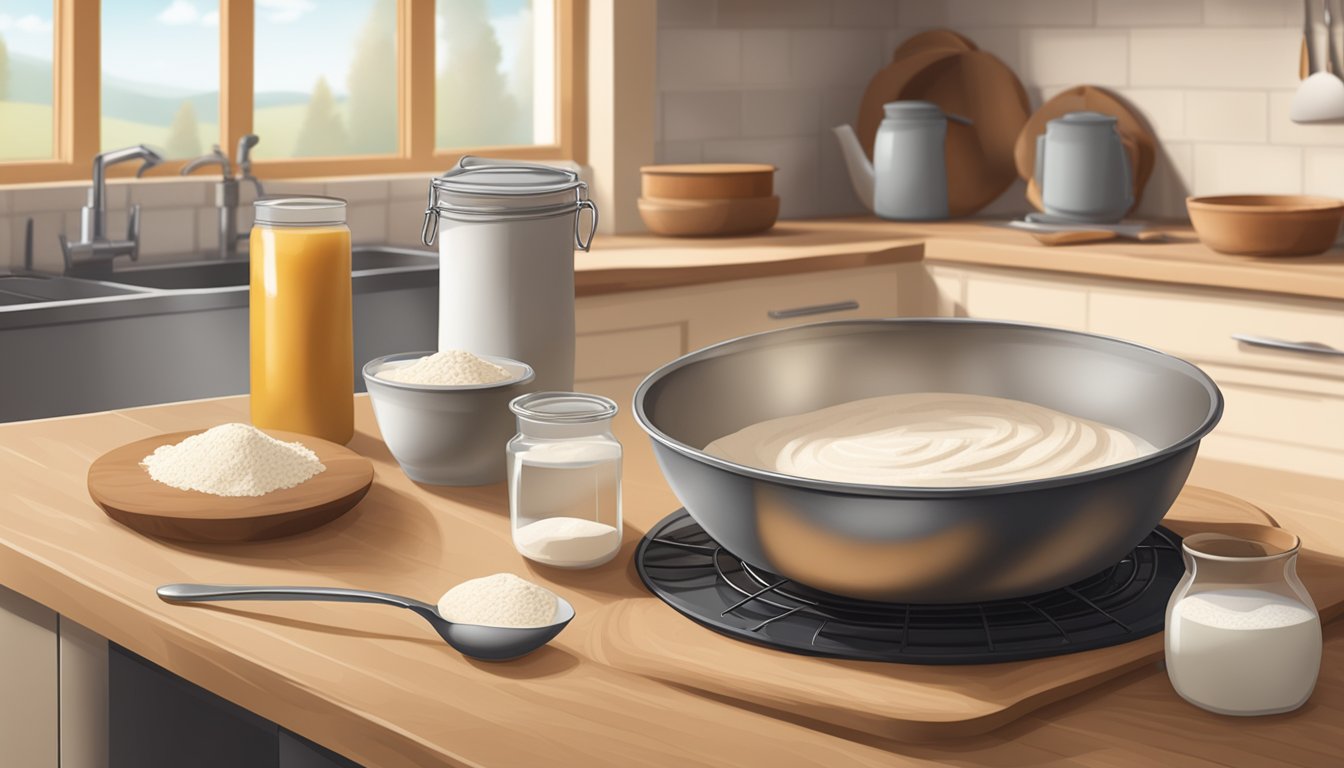 A cozy kitchen counter with a small bowl of sourdough starter, a bag of flour, and a mixing spoon. A warm oven in the background