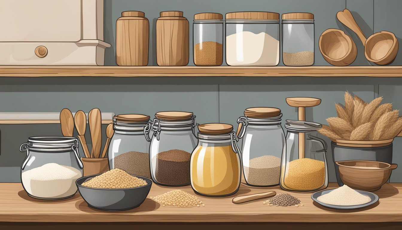 A rustic kitchen counter with various grains, jars of starter, mixing bowls, and baking tools arranged for sourdough baking