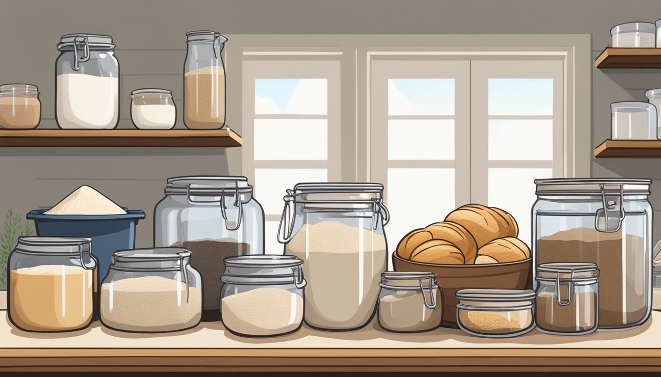 A small kitchen counter with flour, water, and a sourdough starter, a mixing bowl, and a proofing basket, all surrounded by jars of different flours and grains