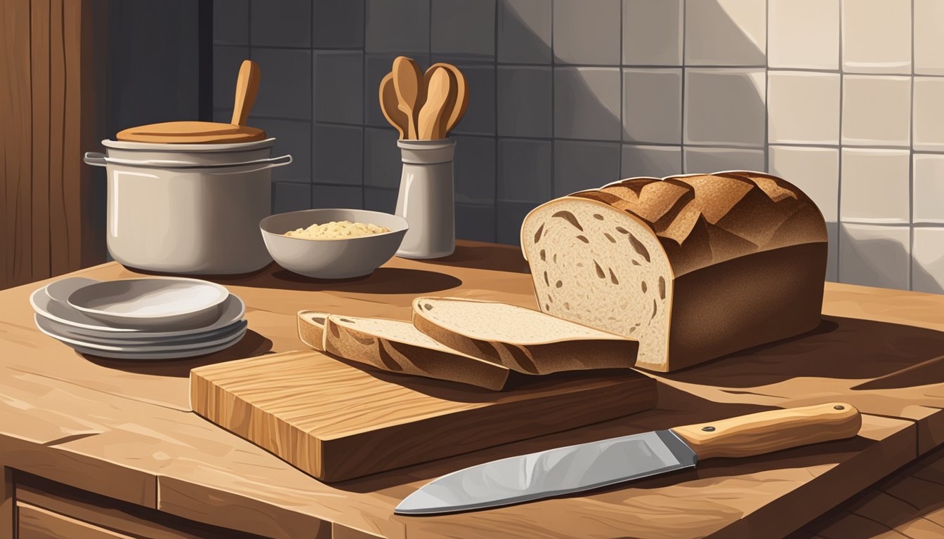 A rustic kitchen counter with a wooden bread box open, revealing a loaf of sourdough rye bread. A few bread slices are seen on a cutting board with a knife next to them